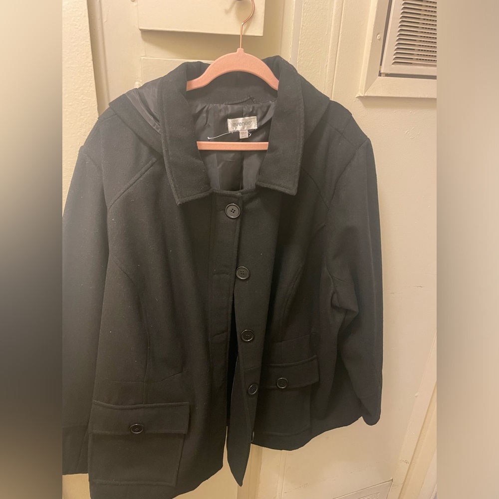 Plus size women’s pea coat with hood.